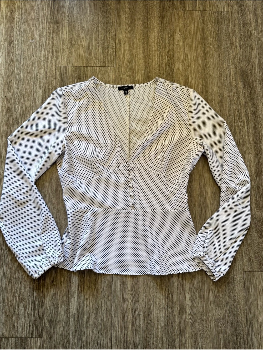 Dynamite White Long-Sleeve Polka Dot Button-Front Peplum Top